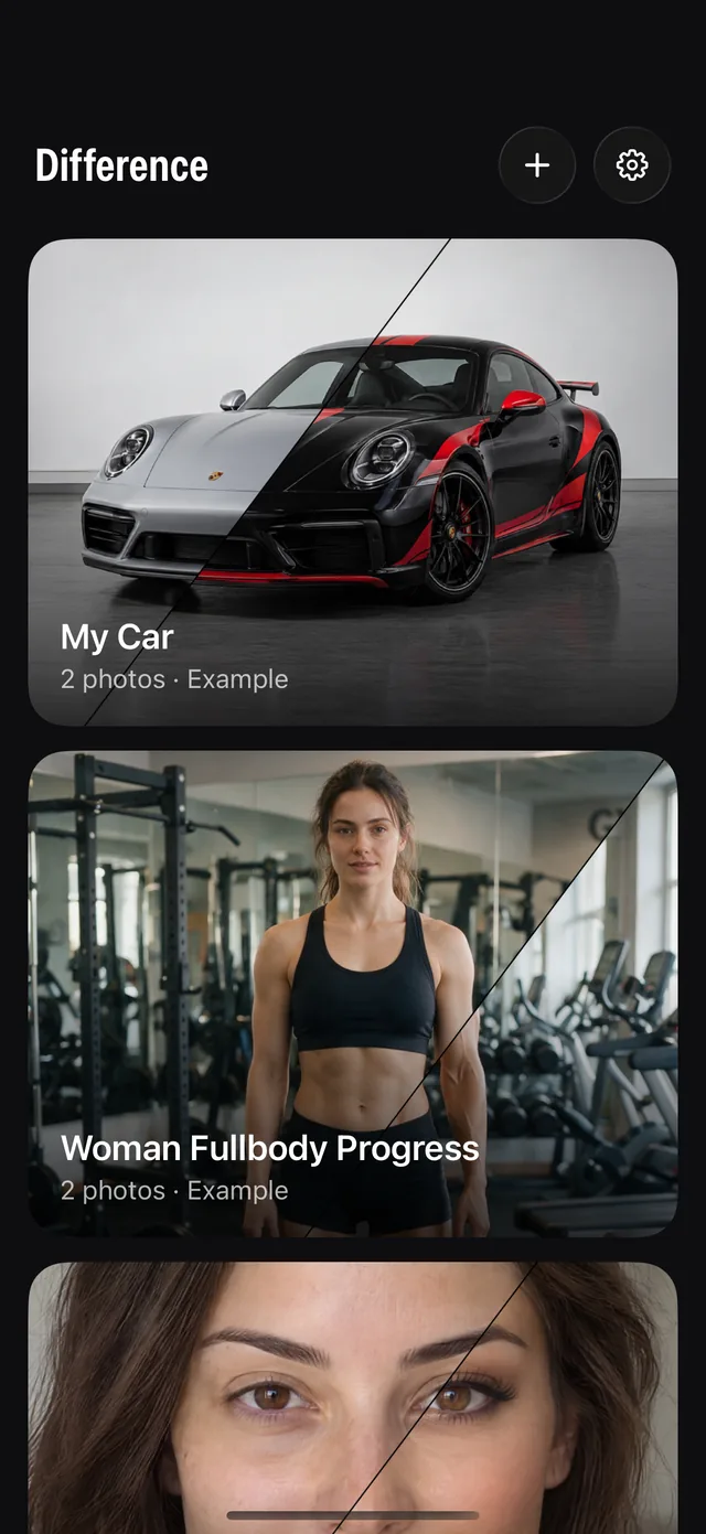 The Difference home screen with example projects: a car, a person at the gym and a face