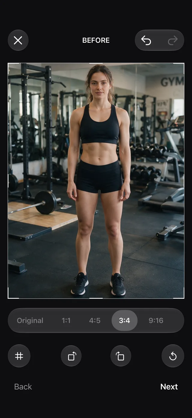 Framing the Before photo of a woman in a gym, with the formats Original, 1:1, 4:5, 3:4 and 9:16